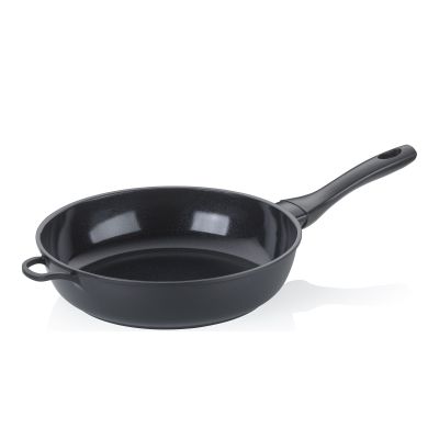 Runde schwarze Schmorpfanne mit langem Stielgriff und kurzem seitlichem Griff