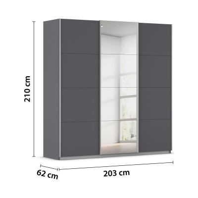 Grau-Metallicer Kleiderschrank mit Schiebetüren und angegebenen Maßen 203 cm Breite 210 cm Höhe und 62 cm Tiefe