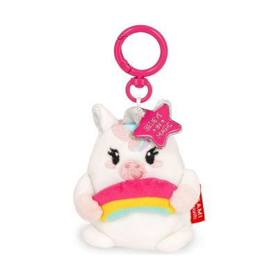 Einhorn-Plüsch-Schlüsselanhänger, frontal mit Schlüsselring auf weißem Hintergrund dargestellt.