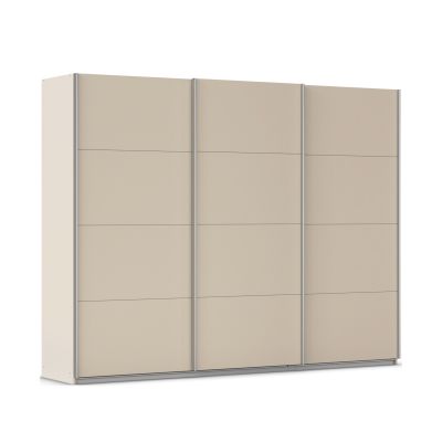Moderner champagnerfarbener Schwebetürenschrank mit drei Türen und klarer, minimalistischer Optik