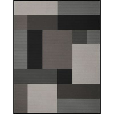 Flach dargestellte Wohndecke Cotton Home Vermont Grey mit rechteckigem Blockmuster in Schwarz, Grau, Taupe und Creme.