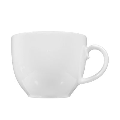Tasse in Weiß. bauchige Form mit rundem Henkel. Ansicht: Ansicht der zweiten Seite.