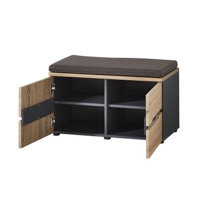 Sitzbank in Holzoptik mit geöffneten Türen, die mehrere Innenfächer in dunkler Farbe zeigen.
