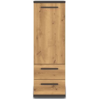 Kommode in Graphit mit Front in Asteiche, 2 Türen und 2 Schubkästen, in frontaler Ansicht gezeigt.