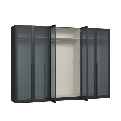 Drehtürenschrank mit geöffneter rechter Glastür und Blick in den Innenraum