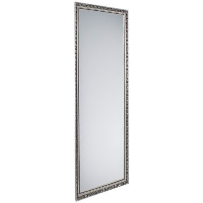 Spiegel Sonja in Silber, freigestellt in vollständiger Ansicht; zu sehen ist die rechteckige Spiegelfläche mit ornamentiertem Rahmen; Maße ca. 50 x 150 x 3,5 cm.