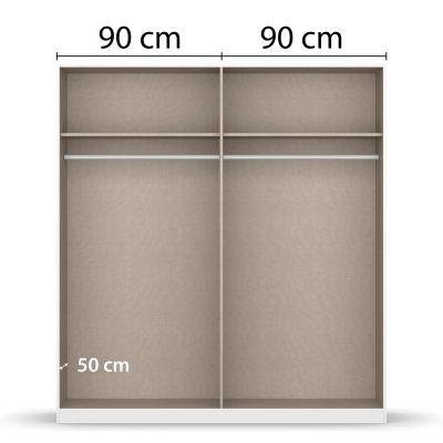 Innenansicht eines Kleiderschranks mit zwei gleich großen Bereichen à 90 cm Breite und Kleiderstangen sowie Ablagefächern