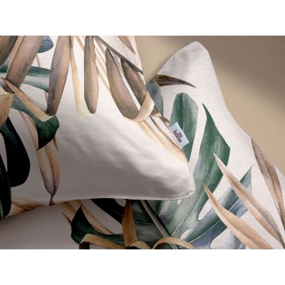 Bettwäsche Filippo in Natural, 135 x 200 cm: Nahaufnahme des Stoffes mit großen tropischen Blättern in Grün- und Beigetönen.