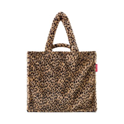 Shopper von Reisenthel, Modell Softshopper, in Braun und Schwarz mit Leopardenmuster aus Fellimitat, von hinten mit langen und kurzen Tragegriffen