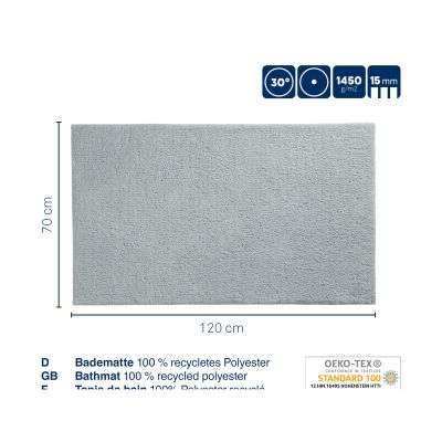 Technische Darstellung zur Maja-Variante Sandbeige mit 70 cm Breite und 120 cm Länge, 15 mm Höhe und Hinweis auf recyceltes Polyester.