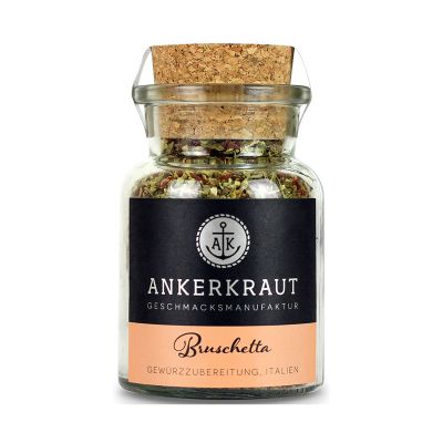 Ankerkraut Bruschetta im Glas mit Korken, schwarzem Etikett und sichtbaren getrockneten Kräuterstückchen.