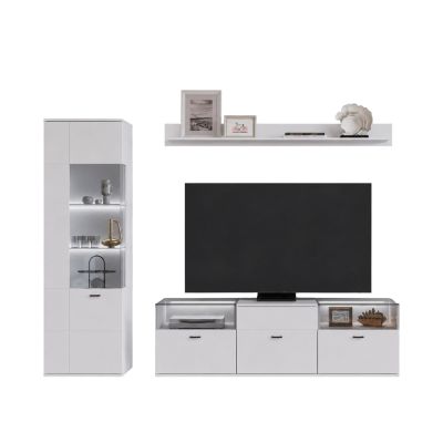 Moderne Wohnwand in Weiß bestehend aus TV-Lowboard, beleuchteter Vitrine und Wandboard für stilvolle Wohnzimmer