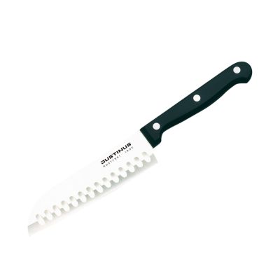 Brötchenmesser 11 cm FineCut: Brötchenmesser mit gezahnter Klinge und schwarzem Griff, diagonal freigestellt.