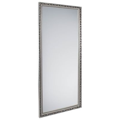 Spiegel Sonja in Silber, freigestellt in vollständiger Ansicht; zu sehen ist die rechteckige Spiegelfläche mit ornamentiertem Rahmen; Maße ca. 70 x 170 x 3,5 cm.