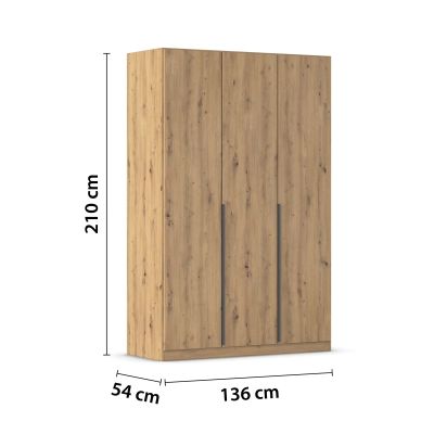 3-türiger Kleiderschrank in Eiche Artisan mit Maßangaben Breite 136 cm, Höhe 210 cm und Tiefe 54 cm