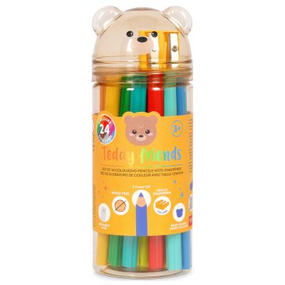 24 Buntstifte mit Spitzer, in einem transparenten zylindrischen Behälter mit Teddybär-Deckel frontal dargestellt.