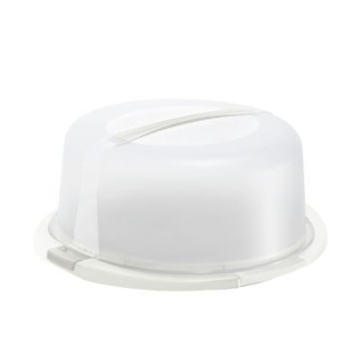Transparente Kuchenhaube mit Griff auf rundem Unterteller