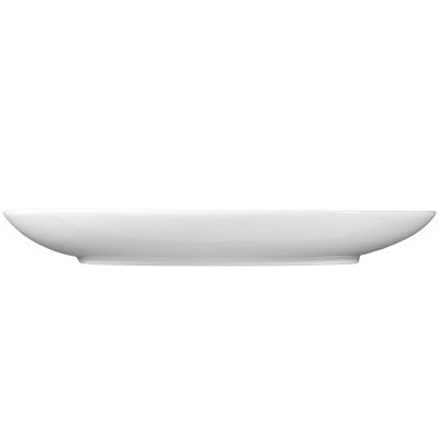 Servierplatte in Weiß. Sichtbare Merkmale: oval, flach und mit leicht erhöhtem Rand. Darstellung: flaches Seitenprofil.