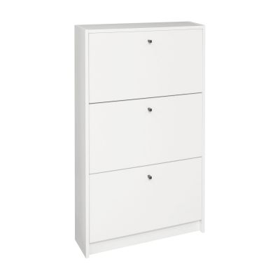 Moderner Schuhschrank in Weiß mit drei Klappen und kleinen schwarzen Griffen, minimalistisches Design