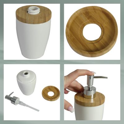 Collage mit Behälter Oberseite Holzdekor herausgenommener Pumpe und Bedienung des silberfarbenen Pumpkopfs