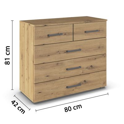 Kommode in Holzoptik mit Maßangaben Breite 80 cm, Höhe 81 cm und Tiefe 42 cm mit fünf Schubladen
