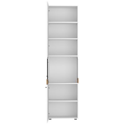 Geöffnete Vitrine mit mehreren Einlegeböden, Stauraumfächern und offenem Präsentationsbereich in Weiß und Holzoptik