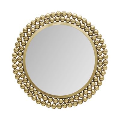 Spiegel Amila in Gold, freigestellt in frontaler Gesamtansicht; zu sehen ist die runde Spiegelfläche mit umlaufendem Rahmen aus kleinen kugelförmigen Elementen; Maße ca. 46 x 46 x 2,5 cm.