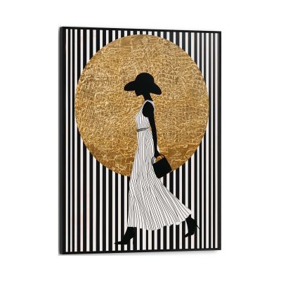 Frontansicht des Wandbilds „Walking Lady Stripes“ in Schwarz-Weiß, Größe 30 × 40 cm; das vollständige Motiv ist zu sehen.