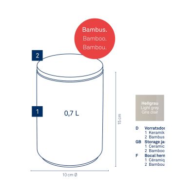 Schematische Darstellung der Vorratsdose mit Angaben zu Höhe Durchmesser und Fassungsvermögen