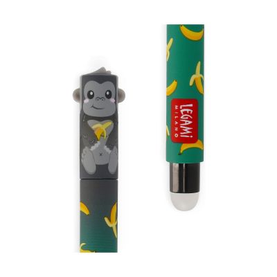 Dunkelgrüner löschbarer Gelstift im Gorilla-Design, mit Gorillakappe und schwarzem Radiererende in Detailansicht dargestellt.