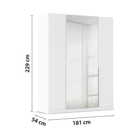 Weißer Kleiderschrank mit Spiegeltüren und eingezeichneten Maßen 181 cm Breite, 229 cm Höhe und 54 cm Tiefe
