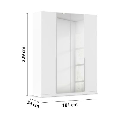 Weißer Kleiderschrank mit Spiegeltüren und eingezeichneten Maßen 181 cm Breite, 229 cm Höhe und 54 cm Tiefe