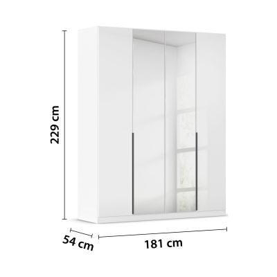 Drehtürenschrank in Weiß Hochglanz mit vier Türen und Spiegeltür inklusive Maßangaben 181 cm Breite, 229 cm Höhe und 54 cm Tiefe