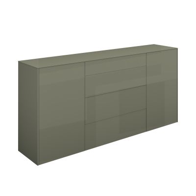 Modernes Sideboard in Hochglanz Olivgrün mit zwei Türen und drei mittig angeordneten Schubladen