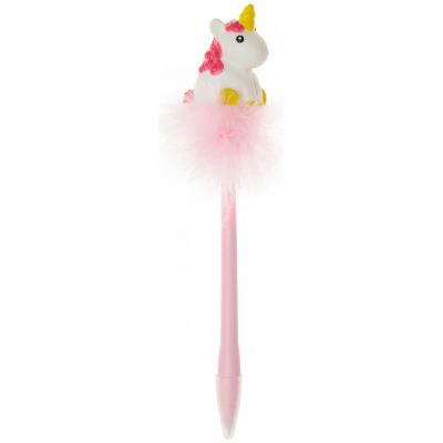 Rosa leuchtender Gelstift mit Einhornfigur, senkrecht mit Tierfigur und weichem Federbesatz dargestellt.