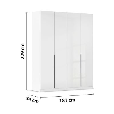 Weißer Hochglanz Drehtürenschrank mit vier Türen und Maßangaben 181 cm Breite, 229 cm Höhe und 54 cm Tiefe