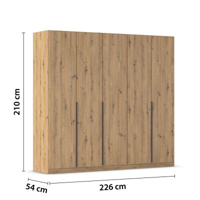 5-türiger Kleiderschrank in Eiche Artisan mit Maßangaben Breite 226 cm, Höhe 210 cm und Tiefe 54 cm