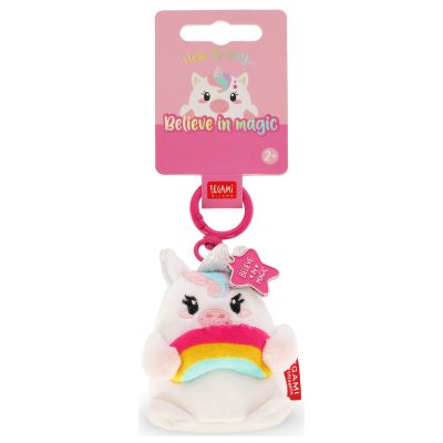 Einhorn-Plüsch-Schlüsselanhänger, an der Vorderseite der Kartonaufhängung gezeigt.
