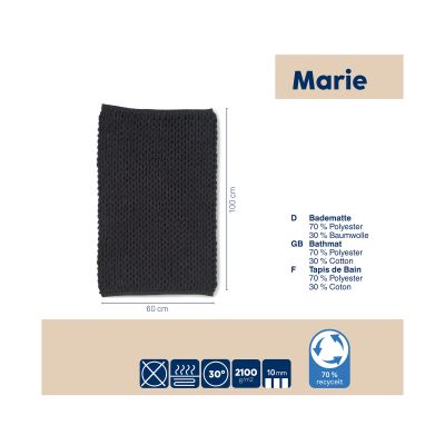 Produktdarstellung der schwarzen Badematte mit einer Größe von ca. 50 x 80 cm und ergänzenden Materialhinweisen