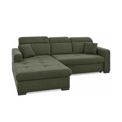 Grünes Ecksofa in Cord-Optik mit Ottomane links, verstellbaren Kopfstützen, zwei Zierkissen und schwarzen Holzfüßen