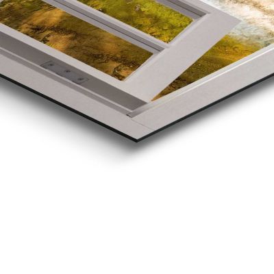 Detailaufnahme einer Ecke des Wandbilds „Forest Window“, 60 × 90 cm; Oberfläche, Kante und Materialstärke sind sichtbar.