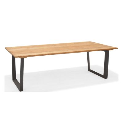 Rechteckiger Gartentisch mit Tischplatte aus hellem Holz und stabilem, schwarz pulverbeschichtetem Metallgestell.