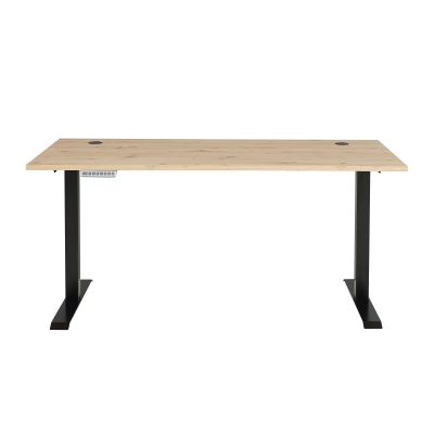 Frontansicht eines Schreibtischs mit Holzplatte und schwarzem Metallgestell, freigestellt