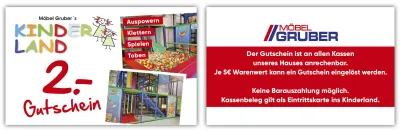 Kinderland Gutschein von Möbel Gruber mit Vorder- und Rückseite
