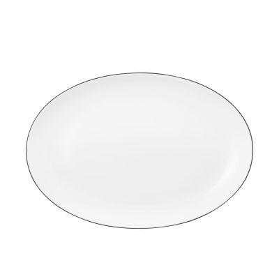 Servierplatte in Weiß mit schwarzer Randlinie. Darstellung: Draufsicht. Merkmale: oval und flach.