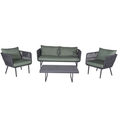 Gartenlounge bestehend aus einem Sofa zwei Sesseln und einem Tisch in gerader Vorderansicht