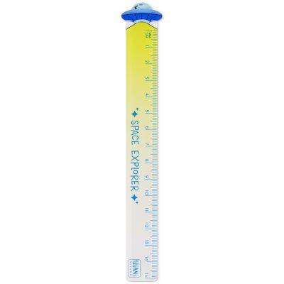 Gelb-blaues Lineal mit Weltraummotiv, senkrecht und vollständig mit Skala auf weißem Hintergrund dargestellt.
