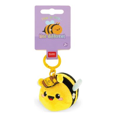 Gelber Bienen-Plüsch-Schlüsselanhänger, an der Vorderseite der Kartonaufhängung gezeigt.