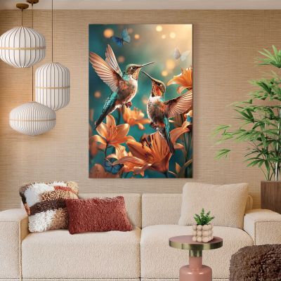 Das Wandbild „Wonderful Birds“ in Grün, 78 × 116 cm, hängt in einem eingerichteten Wohnraum und zeigt die Größenwirkung an der Wand.