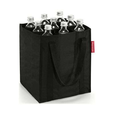 Flaschentasche von Reisenthel, Modell Bottlebag, in Schwarz, schräg von vorn mit mehreren eingesetzten Getränkeflaschen.